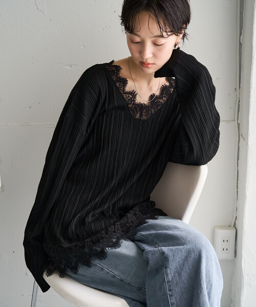 FREAK'S STORE(フリークスストア)の「限定展開 レース ドッキング Vネック ロングスリーブ トップス(Tシャツ/カットソー・レディース・オフホワイト/グレー/ブラック/ブラウン系その他・フリ-)」の7枚目の写真