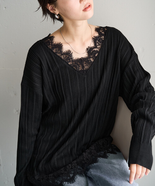 FREAK'S STORE(フリークスストア)の「限定展開 レース ドッキング Vネック ロングスリーブ トップス(Tシャツ/カットソー・レディース・オフホワイト/グレー/ブラック/ブラウン系その他・フリ-)」の8枚目の写真