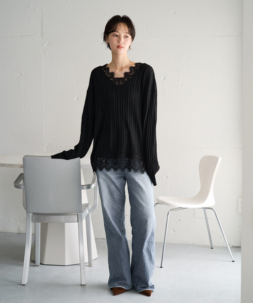 FREAK'S STORE(フリークスストア)の「限定展開 レース ドッキング Vネック ロングスリーブ トップス(Tシャツ/カットソー・レディース・オフホワイト/グレー/ブラック/ブラウン系その他・フリ-)」の9枚目の写真