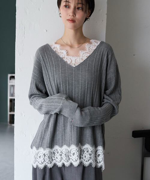 FREAK'S STORE(フリークスストア)の「限定展開 レース ドッキング Vネック ロングスリーブ トップス(Tシャツ/カットソー・レディース・オフホワイト/グレー/ブラック/ブラウン系その他・フリ-)」の13枚目の写真