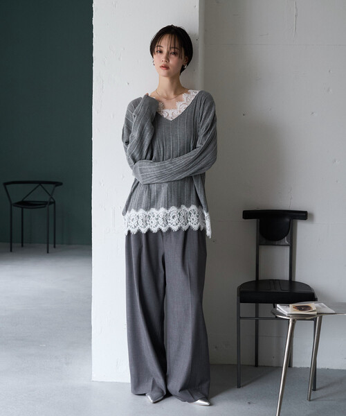 FREAK'S STORE(フリークスストア)の「限定展開 レース ドッキング Vネック ロングスリーブ トップス(Tシャツ/カットソー・レディース・オフホワイト/グレー/ブラック/ブラウン系その他・フリ-)」の17枚目の写真