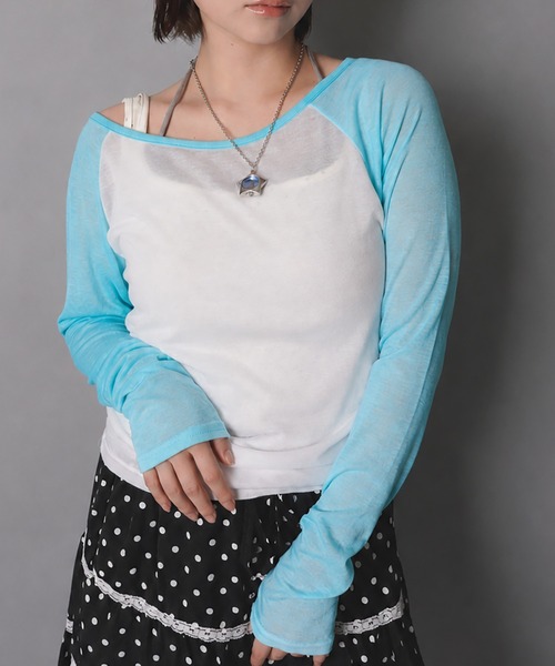 SPINNS(スピンズ)の「ラグラン長袖カットソー/シアーカットソー/韓国ガーリー(Tシャツ/カットソー・レディース・ターコイズブルー/ブラック/ミント・ONESIZE)」の3枚目の写真