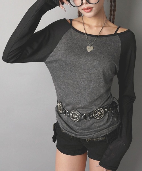 SPINNS(スピンズ)の「ラグラン長袖カットソー/シアーカットソー/韓国ガーリー(Tシャツ/カットソー・レディース・ターコイズブルー/ブラック/ミント・ONESIZE)」の2枚目の写真