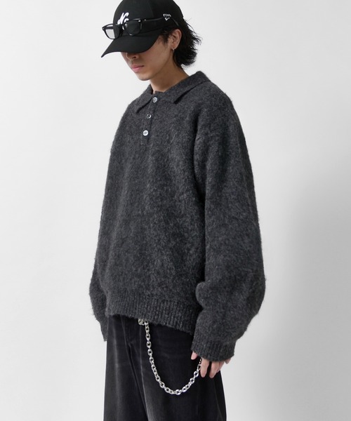 Lui's(ルイス)の「【Neucon】FINE SOFT SHAGGY KNIT POLO / ファインソフトシャギーニットポロシャツ(ニット/セーター・メンズ・チャコールグレー/グレイッシュベージュ/ダークブルー/ブラック・1/2)」の5枚目の写真