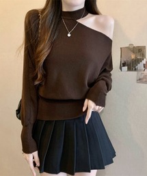 ワンショルダーハイネックニットプルオーバー