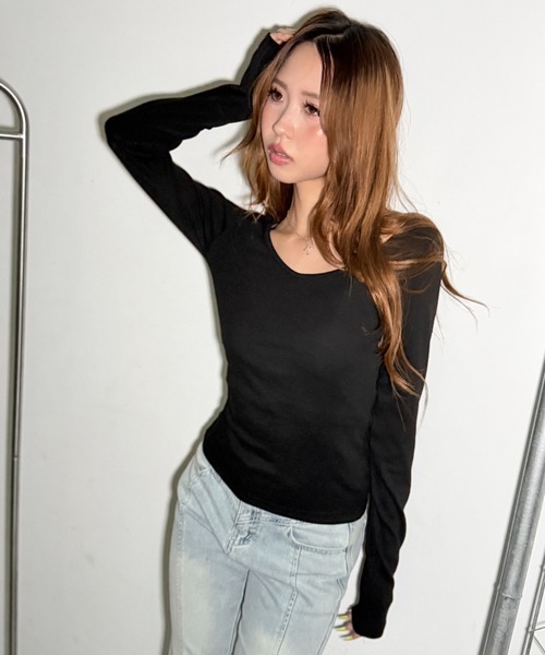 Y2K SYNAPSE FACTORY（ワイツーケー シナプスファクトリー）の「【ラウンドネック】ロングスリーブTシャル（Tシャツ/カットソー・レディース・ライトグレー/ベージュ/カーキ/ダークブラウン/ダークグリーン/ブラック/ピンク/チャコールグレー/ミント/PINK/ボルドー/ホワイト・FREE）」の15枚目の写真