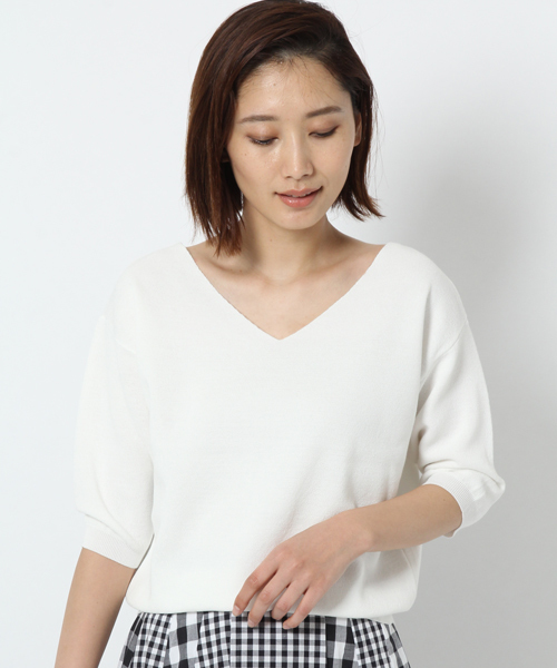 laboratory work(ラボラトリーワーク)の「メンアセテートミラノリブVネックプルオーバー(ニット/セーター・レディース・ホワイト/ブラック/グリーン/オレンジ・MEDIUM)」の1枚目の写真