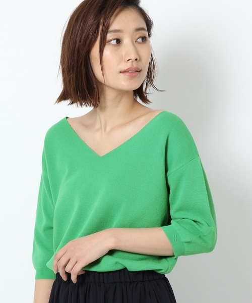 laboratory work(ラボラトリーワーク)の「メンアセテートミラノリブVネックプルオーバー(ニット/セーター・レディース・ホワイト/ブラック/グリーン/オレンジ・MEDIUM)」の3枚目の写真