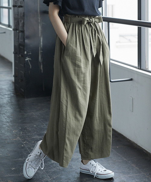 AMERICAN HOLIC（アメリカンホリック）の「・麻混ウエストリボンワイドパンツ（その他パンツ・レディース・ベージュ/ブラック/ブルー/カーキ/キャメル・FREE）」の3枚目の写真