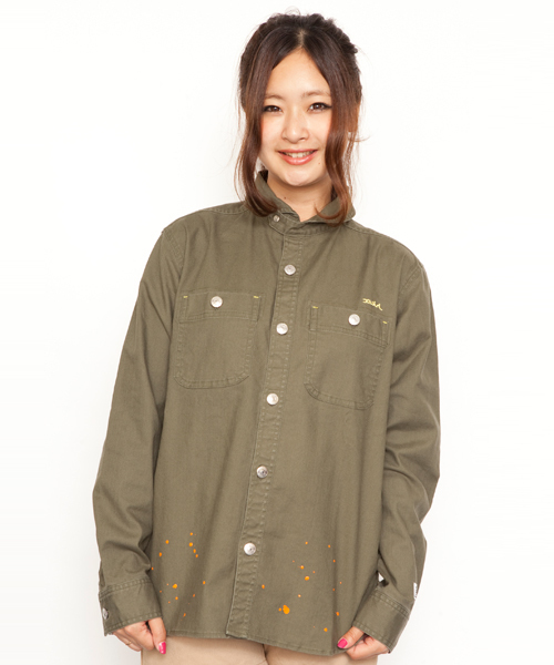 X-girl(エックスガール)の「BOYFRIEND SHIRT(シャツ/ブラウス・レディース・ブラック/オリーブ/ライトインディゴブルー・1/2)」の1枚目の写真