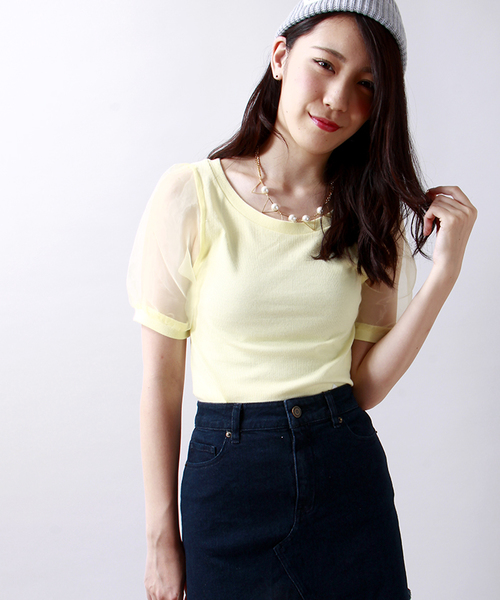 WEGO（ウィゴー）の「WEGO/オーガンジースリーブ5分袖Tシャツ（Tシャツ/カットソー・レディース・ホワイト/ブラック/グレー/ライトイエロー・FREE）」の4枚目の写真