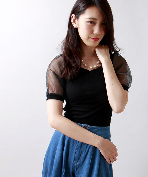 WEGO（ウィゴー）の「WEGO/オーガンジースリーブ5分袖Tシャツ（Tシャツ/カットソー・レディース・ホワイト/ブラック/グレー/ライトイエロー・FREE）」の2枚目の写真