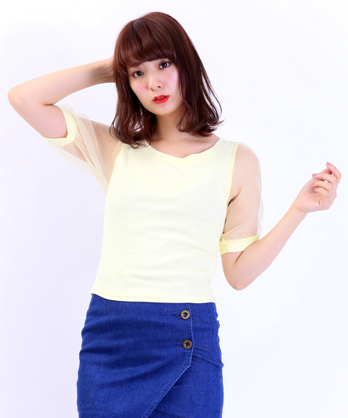 WEGO（ウィゴー）の「WEGO/オーガンジースリーブ5分袖Tシャツ（Tシャツ/カットソー・レディース・ホワイト/ブラック/グレー/ライトイエロー・FREE）」の17枚目の写真