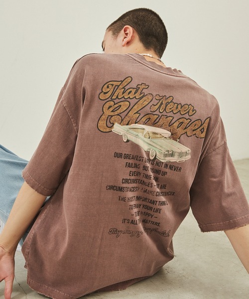 WEGO(ウィゴー)の「WEGO/ヘビーウエイト ボロプリントビッグシルエットTシャツ(Tシャツ/カットソー・メンズ・ブラウン/ホワイト・MEDIUM/LARGE)」の2枚目の写真