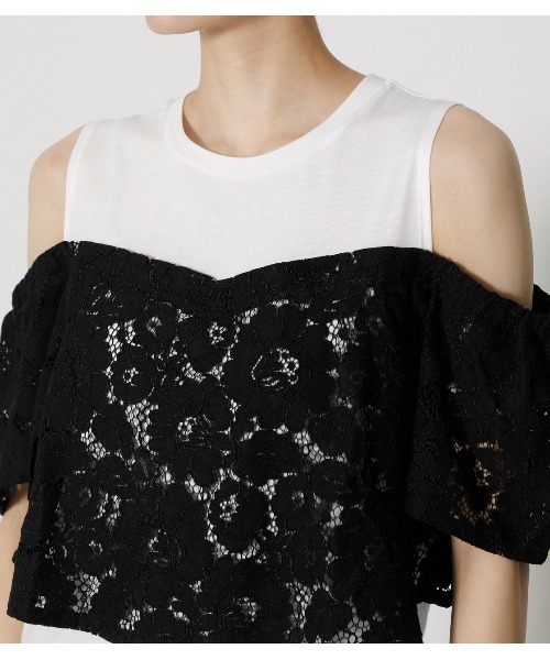 AZUL by moussy（アズールバイマウジー）の「LACE LAYERED RUFFLE TOPS/レースレイヤードラッフルトップス（タンクトップ・レディース・ブラック/ライトグリーン/ダークベージュ・MEDIUM/SMALL）」の4枚目の写真