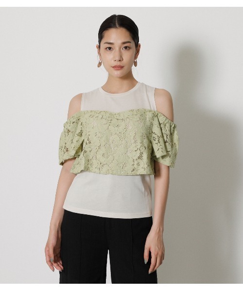 AZUL by moussy（アズールバイマウジー）の「LACE LAYERED RUFFLE TOPS/レースレイヤードラッフルトップス（タンクトップ・レディース・ブラック/ライトグリーン/ダークベージュ・MEDIUM/SMALL）」の15枚目の写真