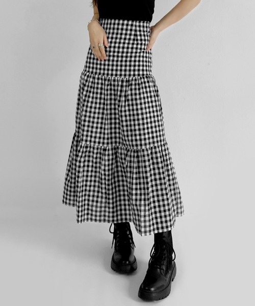 LVEU.（ラブユ.）の「Back ribbon gingham check skirt / バックリボンギンガムチェックスカート（スカート・レディース・ブラック・FREE）」の7枚目の写真