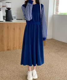 ギンガムチェックスリーブドッキングスウェットロングワンピース