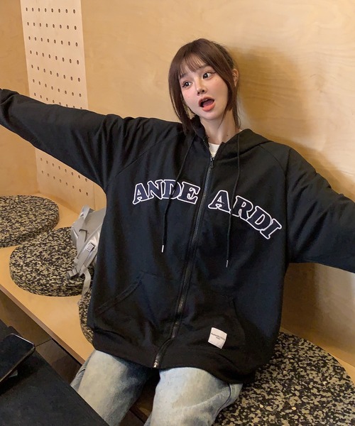 セール】オーバーサイズ カレッジロゴ フーディ スウェット ジップ