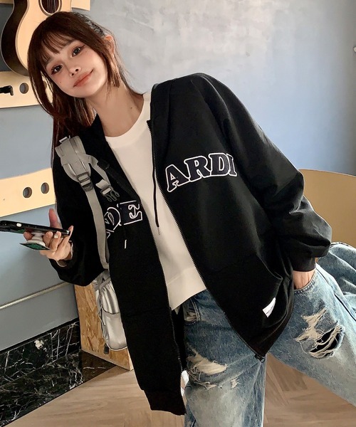 セール】オーバーサイズ カレッジロゴ フーディ スウェット ジップ