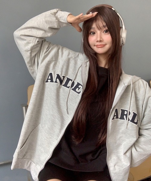 オーバーサイズ カレッジロゴ フーディ スウェット ジップパーカー