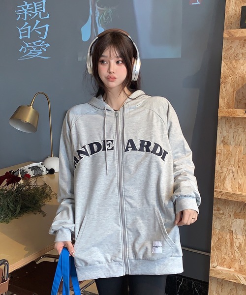 セール】オーバーサイズ カレッジロゴ フーディ スウェット ジップ