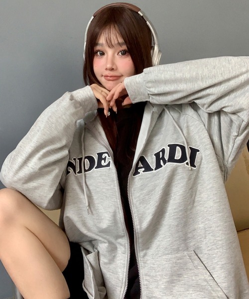 セール】オーバーサイズ カレッジロゴ フーディ スウェット ジップ