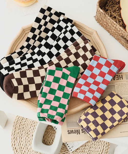 「kakko」（カッコ）の「レディース ブロックチェック クルーソックス靴下（ソックス/靴下・レディース・A/B/C/D/E/F・FREE）」の8枚目の写真