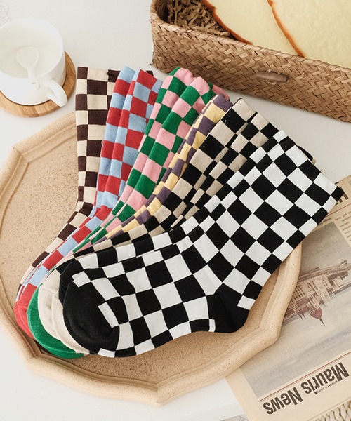 「kakko」（カッコ）の「レディース ブロックチェック クルーソックス靴下（ソックス/靴下・レディース・A/B/C/D/E/F・FREE）」の7枚目の写真