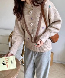 刺繍×ジャガード杢ニットプルオーバー