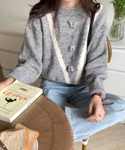 Jewelobe（ジュエローブ）の「刺繍×ジャガード杢ニットプルオーバー（ニット/セーター・レディース・アイボリー/ベージュ/杢グレー・FREE）」の17枚目の写真