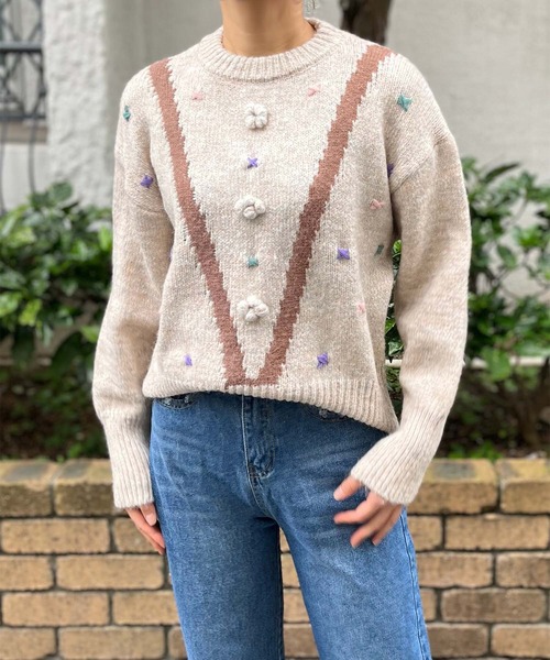 Jewelobe（ジュエローブ）の「刺繍×ジャガード杢ニットプルオーバー（ニット/セーター・レディース・アイボリー/ベージュ/杢グレー・FREE）」の12枚目の写真