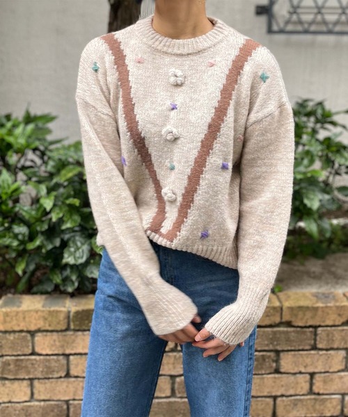 Jewelobe（ジュエローブ）の「刺繍×ジャガード杢ニットプルオーバー（ニット/セーター・レディース・アイボリー/ベージュ/杢グレー・FREE）」の13枚目の写真