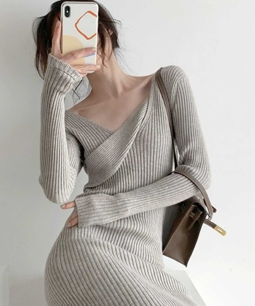 LUGG NAGG（ラグナグ）の「リブニットカシュクールマキシワンピース（ワンピース・レディース・グレイッシュベージュ/チョコ/ブラック・L/XL/M）」の3枚目の写真