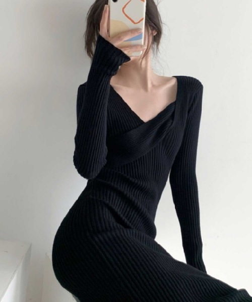 LUGG NAGG（ラグナグ）の「リブニットカシュクールマキシワンピース（ワンピース・レディース・グレイッシュベージュ/チョコ/ブラック・L/XL/M）」の2枚目の写真