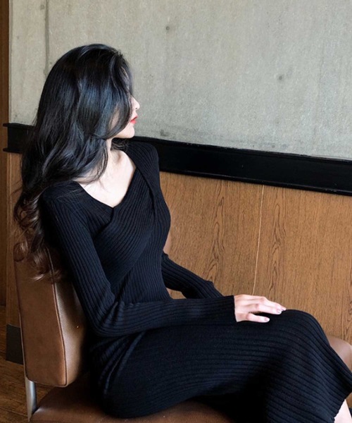 LUGG NAGG（ラグナグ）の「リブニットカシュクールマキシワンピース（ワンピース・レディース・グレイッシュベージュ/チョコ/ブラック・L/XL/M）」の4枚目の写真