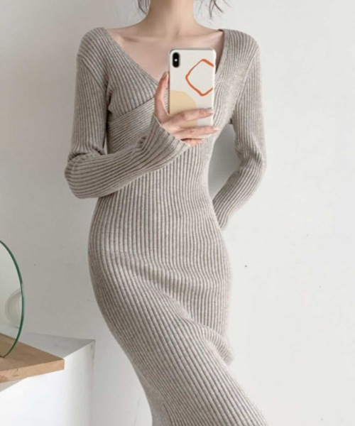 LUGG NAGG（ラグナグ）の「リブニットカシュクールマキシワンピース（ワンピース・レディース・グレイッシュベージュ/チョコ/ブラック・L/XL/M）」の10枚目の写真