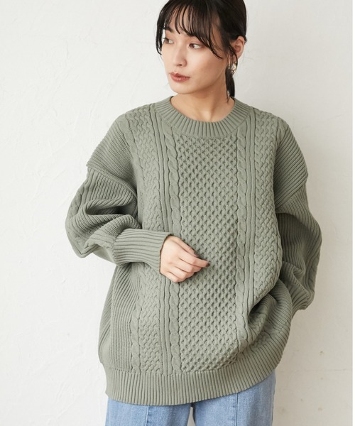 Green　Parks（グリーンパークス）の「かるい ケーブルニットプルオーバー＊（ニット/セーター・レディース・ベージュ/ネイビー/アイボリー/ライトカーキ・FREE）」の3枚目の写真