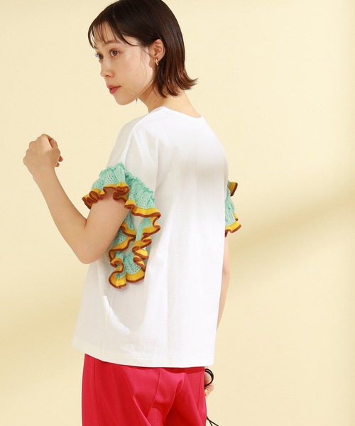 Ray BEAMS（レイビームス）の「Ray BEAMS / フリル ラインスリーブ Tシャツ（Tシャツ/カットソー・レディース・ホワイト/ブラック/ミント・ONE SIZE）」の6枚目の写真