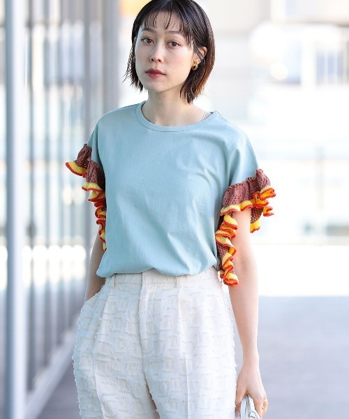 Ray BEAMS（レイビームス）の「Ray BEAMS / フリル ラインスリーブ Tシャツ（Tシャツ/カットソー・レディース・ホワイト/ブラック/ミント・ONE SIZE）」の15枚目の写真