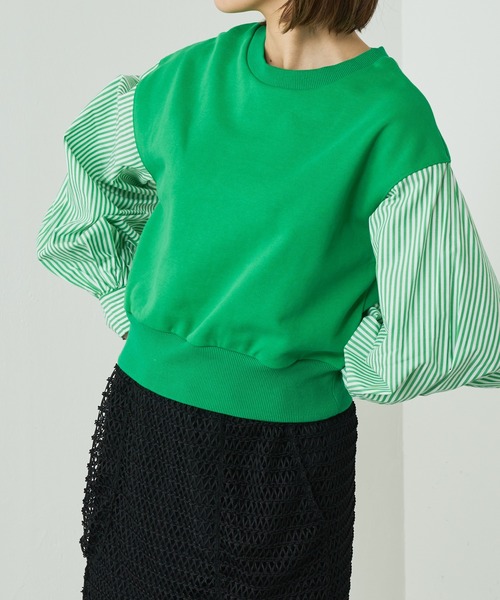 Lui's（ルイス）の「裏毛ストライプ切替ボリュームスリーブトップス（Tシャツ/カットソー・レディース・ホワイト/ブラック/グリーン・FREE）」の3枚目の写真