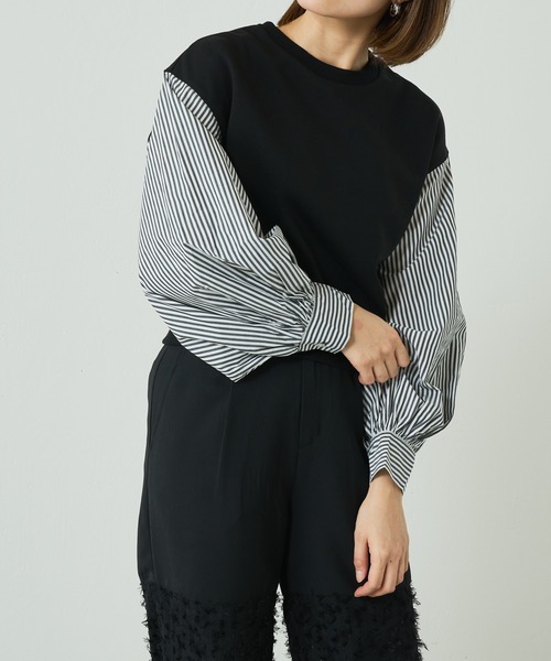 Lui's（ルイス）の「裏毛ストライプ切替ボリュームスリーブトップス（Tシャツ/カットソー・レディース・ホワイト/ブラック/グリーン・FREE）」の2枚目の写真