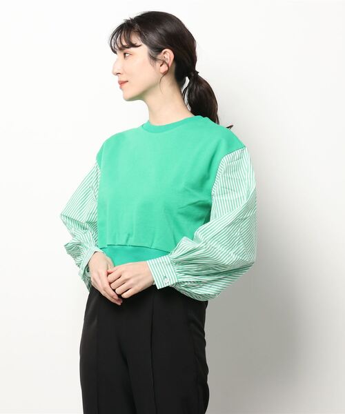 Lui's（ルイス）の「裏毛ストライプ切替ボリュームスリーブトップス（Tシャツ/カットソー・レディース・ホワイト/ブラック/グリーン・FREE）」の19枚目の写真