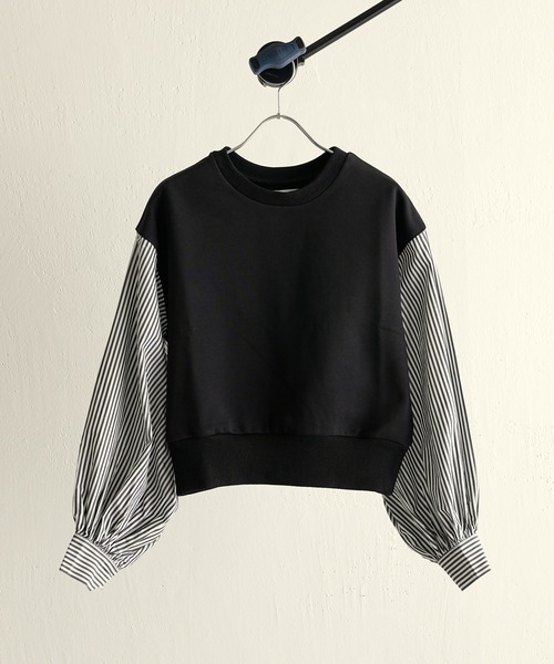 Lui's（ルイス）の「裏毛ストライプ切替ボリュームスリーブトップス（Tシャツ/カットソー・レディース・ホワイト/ブラック/グリーン・FREE）」の15枚目の写真