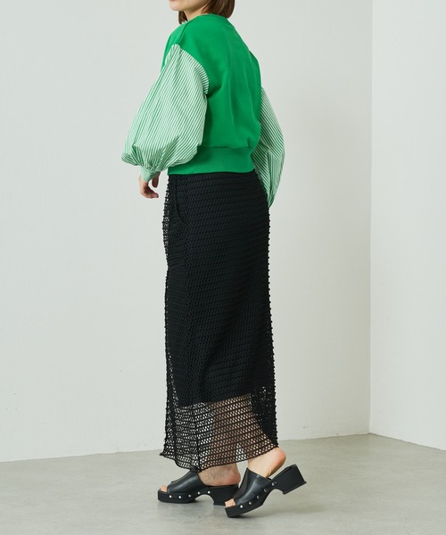 Lui's（ルイス）の「裏毛ストライプ切替ボリュームスリーブトップス（Tシャツ/カットソー・レディース・ホワイト/ブラック/グリーン・FREE）」の6枚目の写真