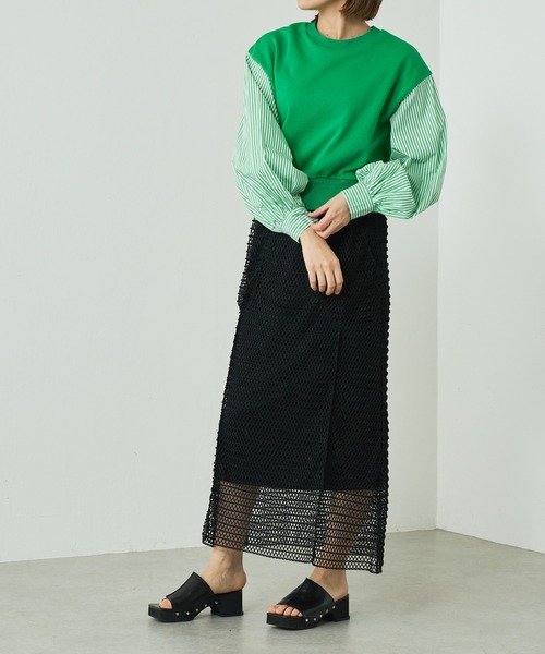 Lui's（ルイス）の「裏毛ストライプ切替ボリュームスリーブトップス（Tシャツ/カットソー・レディース・ホワイト/ブラック/グリーン・FREE）」の20枚目の写真