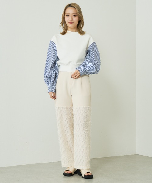 Lui's（ルイス）の「裏毛ストライプ切替ボリュームスリーブトップス（Tシャツ/カットソー・レディース・ホワイト/ブラック/グリーン・FREE）」の7枚目の写真