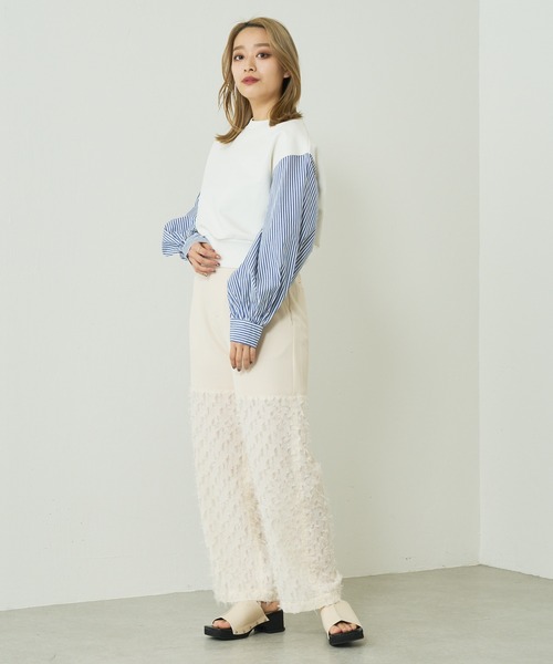 Lui's（ルイス）の「裏毛ストライプ切替ボリュームスリーブトップス（Tシャツ/カットソー・レディース・ホワイト/ブラック/グリーン・FREE）」の21枚目の写真