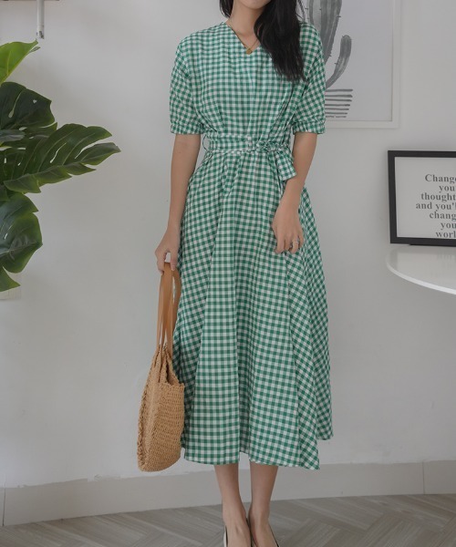 サイドカットギンガムチェックワンピース ワンピース ギンガムチェック サイドギャザー キャミワンピース