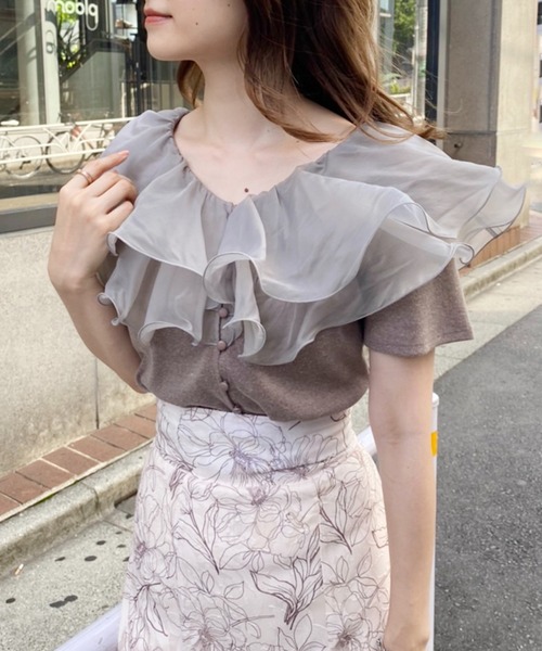 one after another NICE CLAUP(ワンアフターアナザーナイスクラップ)の「オーガンジーフリル襟テレコトップス(Tシャツ/カットソー・レディース・アイボリー/モカ/ベージュ・FREE)」の20枚目の写真